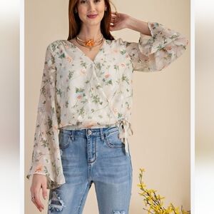 Easel floral faux wrap bell sleeve top